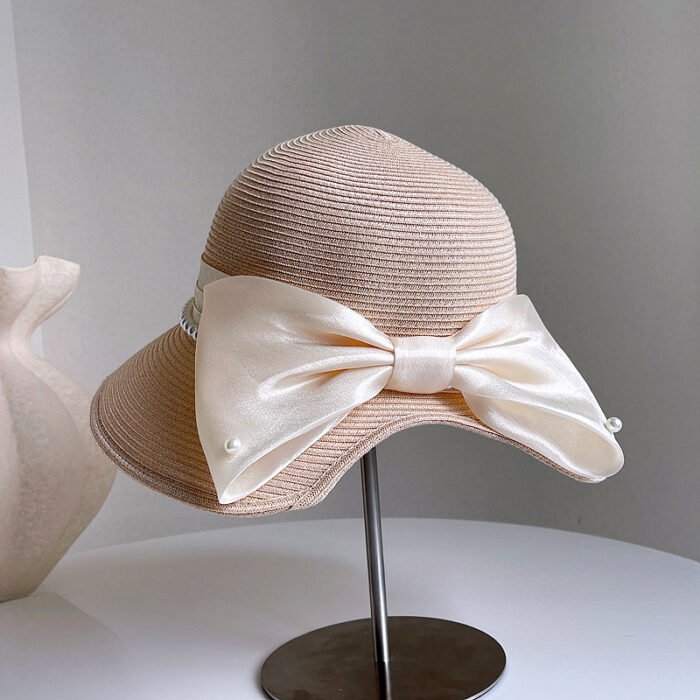 Satin Pearl Bow Straw Hat – Beige 2
