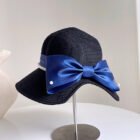 Satin Pearl Bow Straw Hat – Black 3