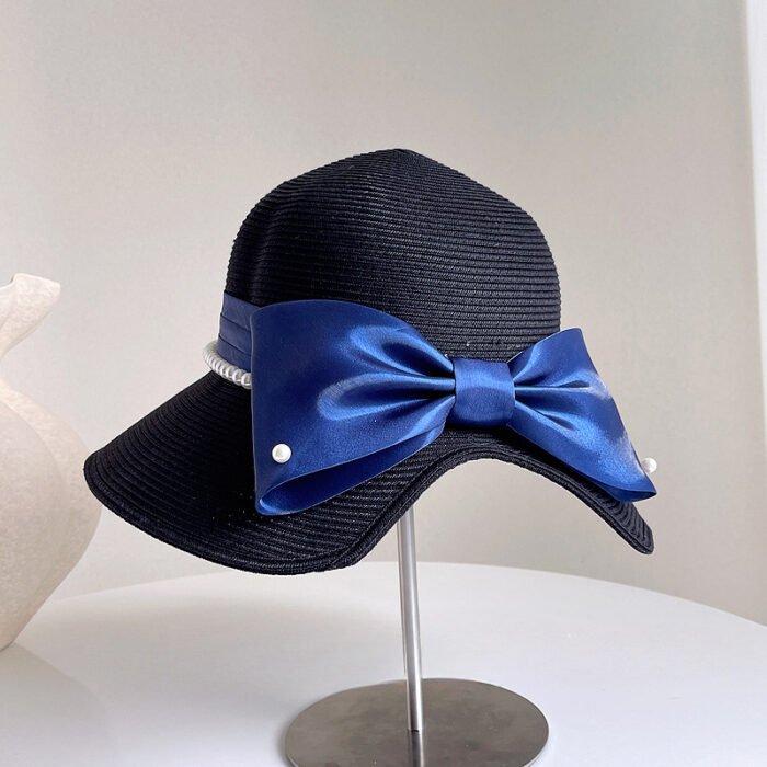 Satin Pearl Bow Straw Hat – Black 3