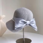 Satin Pearl Bow Straw Hat – Gray 4