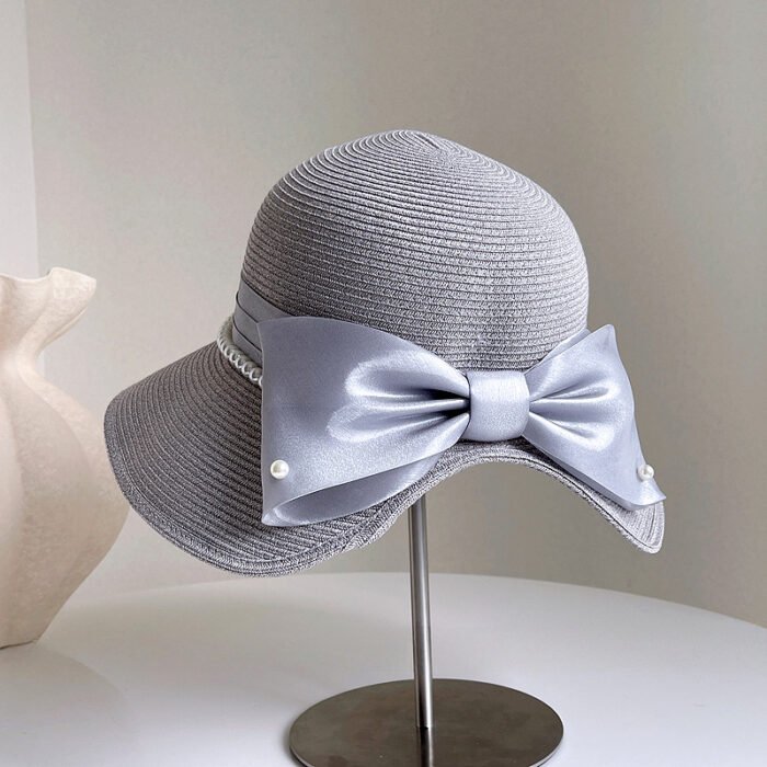 Satin Pearl Bow Straw Hat – Gray 4