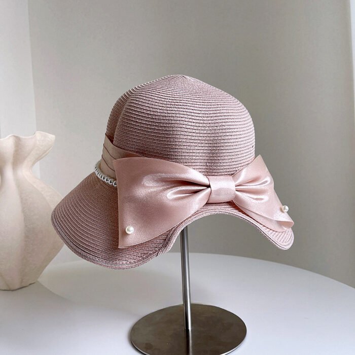 Satin Pearl Bow Straw Hat – Pink 5
