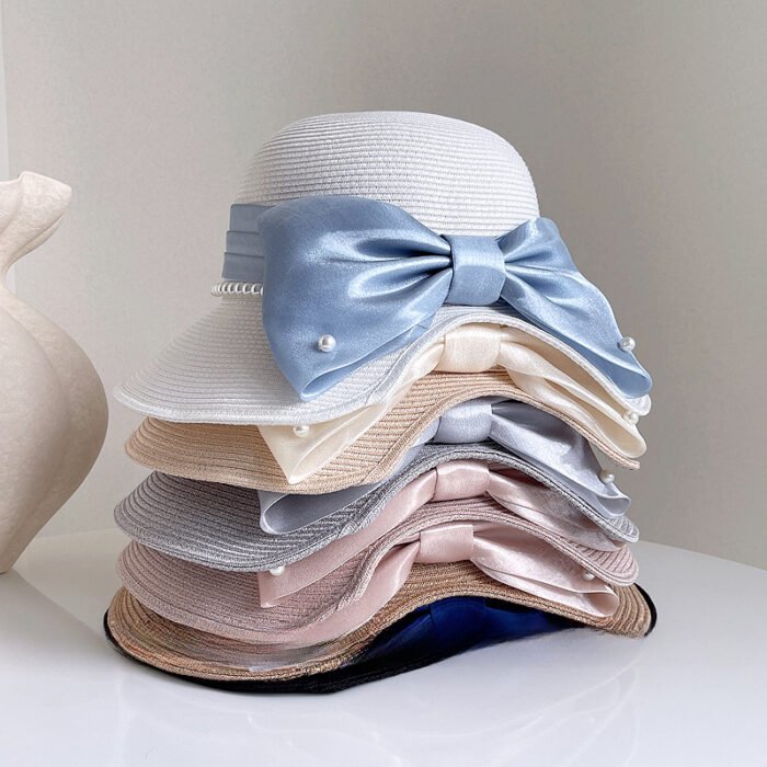 Satin Pearl Bow Straw Hat 6