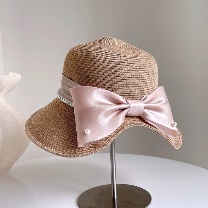 Satin Pearl Bow Straw Hat – Khaki 7
