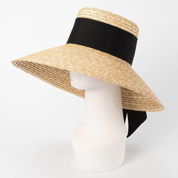 bow ribbon flat top large brim straw hat – 2 4