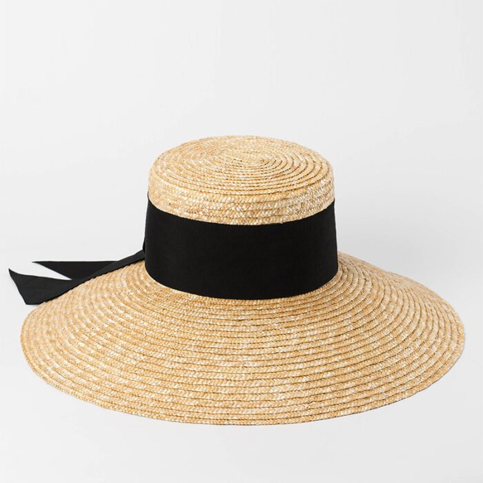 bow ribbon flat top large brim straw hat 5