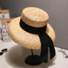 bow ribbon flat top large brim straw hat – 7 7