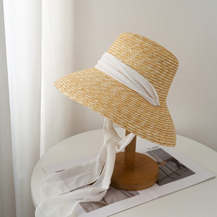 bow ribbon flat top large brim straw hat – 24 9