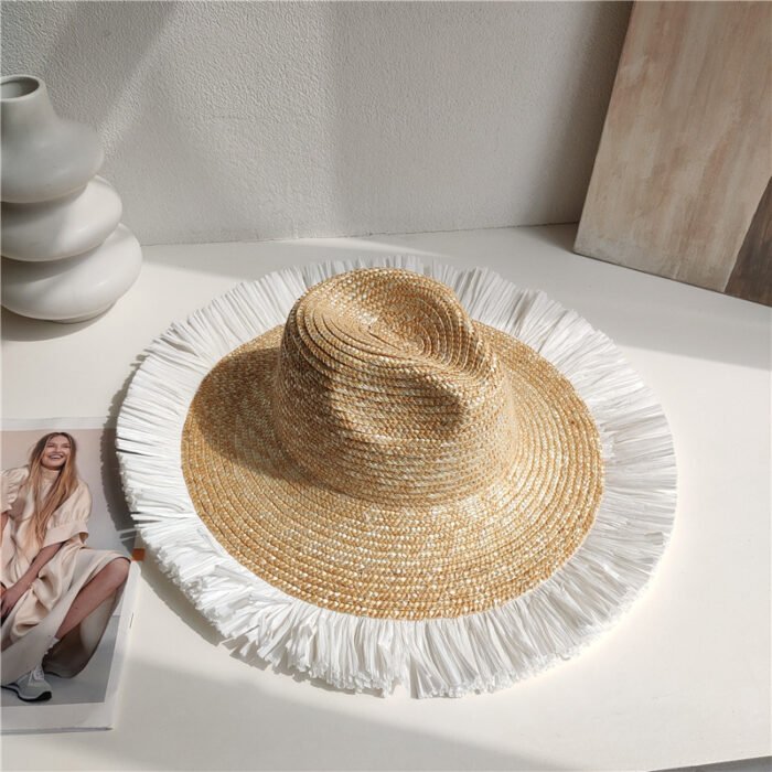 bow ribbon flat top large brim straw hat – 14 11