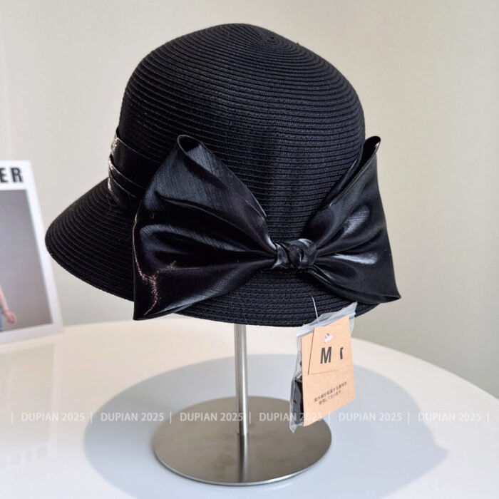 Satin Bow Straw Hat – Black 4