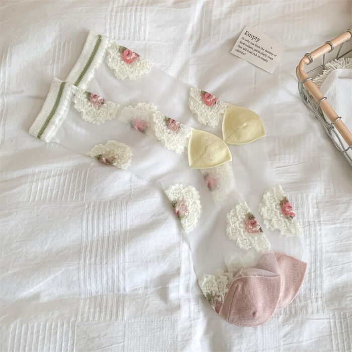 New Women Socks Thin Summer New Fresh Girls Sweet Lace Flower Socks Breathable Hollow Out Ladies Fashion Transparent Socks Comfy – Transparent Flower 1