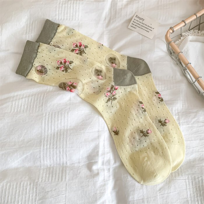New Women Socks Thin Summer New Fresh Girls Sweet Lace Flower Socks Breathable Hollow Out Ladies Fashion Transparent Socks Comfy – Yellow Flower 3