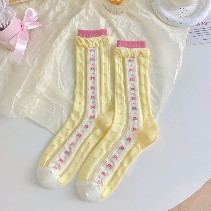 Women Socks Female Japanese Sweet Kawaii Cute Girl Stockings Ruffles Lolita Mesh Breathable Female Thin Middle Tube Socks Summer – A 1