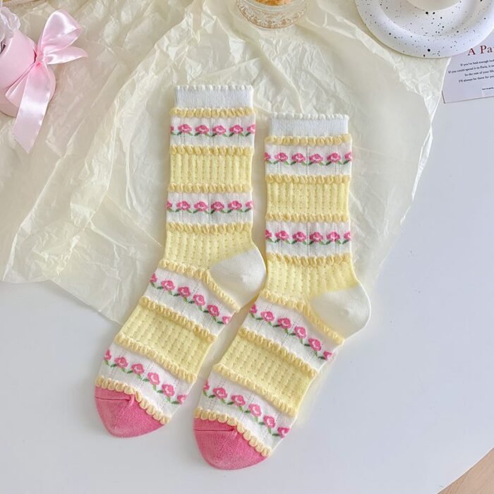 Women Socks Female Japanese Sweet Kawaii Cute Girl Stockings Ruffles Lolita Mesh Breathable Female Thin Middle Tube Socks Summer – B 2