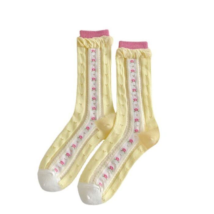 Women Socks Female Japanese Sweet Kawaii Cute Girl Stockings Ruffles Lolita Mesh Breathable Female Thin Middle Tube Socks Summer 6