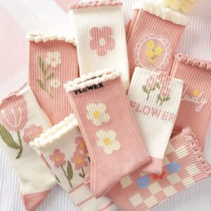 9 Pairs Floral Printed Ruffle Edges Socks