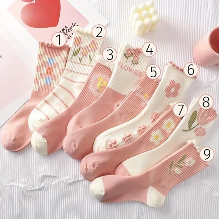9 Pairs Floral Printed Women Mid Length Socks Fashionable Ruffle Edges Sweet and Comfortable Bubble Mouth Casual Socks – 9 Pairs 2