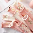9 Pairs Floral Printed Women Mid Length Socks Fashionable Ruffle Edges Sweet and Comfortable Bubble Mouth Casual Socks 5