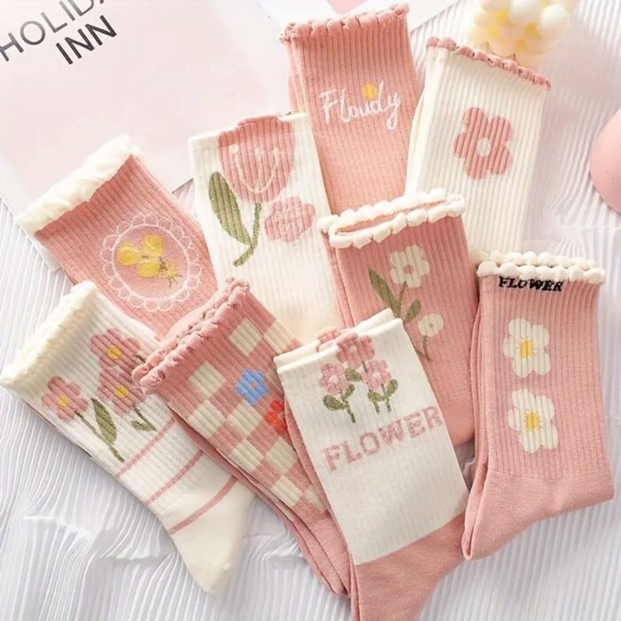 9 Pairs Floral Printed Women Mid Length Socks Fashionable Ruffle Edges Sweet and Comfortable Bubble Mouth Casual Socks 6