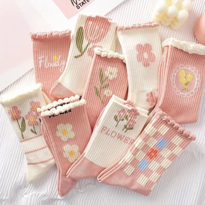 9 Pairs Floral Printed Women Mid Length Socks Fashionable Ruffle Edges Sweet and Comfortable Bubble Mouth Casual Socks 7