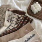 5 Pairs Bear Socks Cute Cartoon Animal Socks Printed Japanese Fashion Kawaii Women Cotton Rhombus Middle Tube Cute White Socks 2