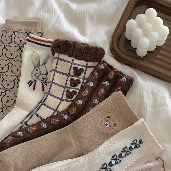 5 Pairs Bear Socks Cute Cartoon Animal Socks Printed Japanese Fashion Kawaii Women Cotton Rhombus Middle Tube Cute White Socks 2