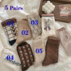 5 Pairs Bear Socks Cute Cartoon Animal Socks Printed Japanese Fashion Kawaii Women Cotton Rhombus Middle Tube Cute White Socks – 6001-As picture 3