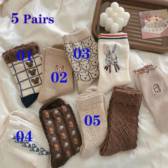 5 Pairs Bear Socks Cute Cartoon Animal Socks Printed Japanese Fashion Kawaii Women Cotton Rhombus Middle Tube Cute White Socks – 6001-As picture 3