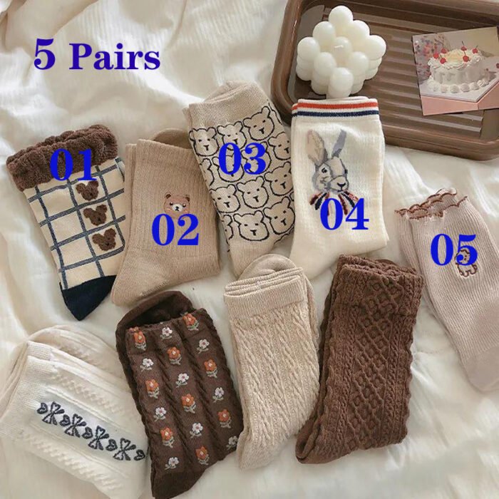 5 Pairs Bear Socks Cute Cartoon Animal Socks Printed Japanese Fashion Kawaii Women Cotton Rhombus Middle Tube Cute White Socks – 6002-As picture 4
