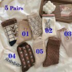 5 Pairs Bear Socks Cute Cartoon Animal Socks Printed Japanese Fashion Kawaii Women Cotton Rhombus Middle Tube Cute White Socks – 6003-As picture 6