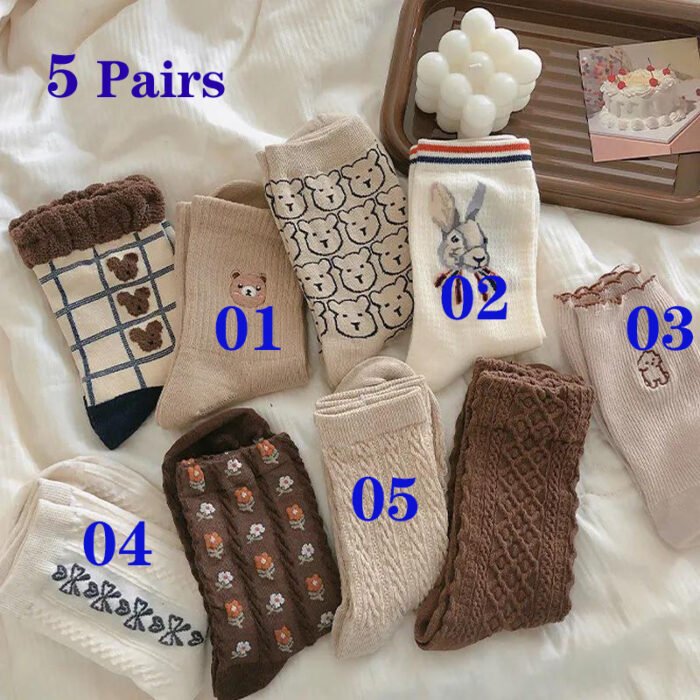 5 Pairs Bear Socks Cute Cartoon Animal Socks Printed Japanese Fashion Kawaii Women Cotton Rhombus Middle Tube Cute White Socks – 6003-As picture 6