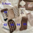 5 Pairs Bear Socks Cute Cartoon Animal Socks Printed Japanese Fashion Kawaii Women Cotton Rhombus Middle Tube Cute White Socks – 6004-As picture 7