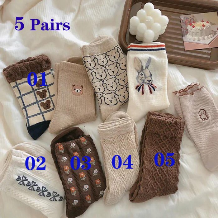 5 Pairs Bear Socks Cute Cartoon Animal Socks Printed Japanese Fashion Kawaii Women Cotton Rhombus Middle Tube Cute White Socks – 6004-As picture 7