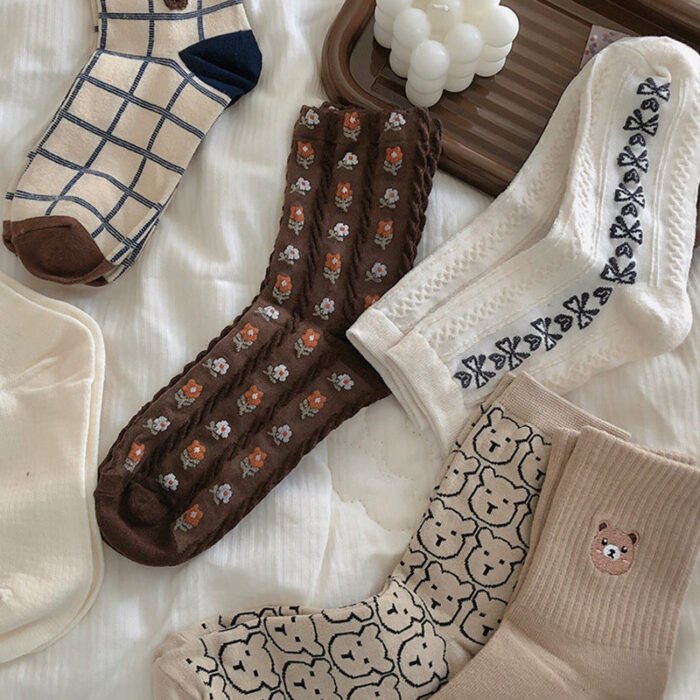 5 Pairs Bear Socks Cute Cartoon Animal Socks Printed Japanese Fashion Kawaii Women Cotton Rhombus Middle Tube Cute White Socks 8