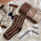 5 Pairs Bear Socks Cute Cartoon Animal Socks Printed Japanese Fashion Kawaii Women Cotton Rhombus Middle Tube Cute White Socks 10