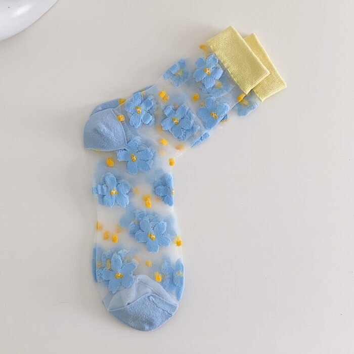 Summer Socks For Women Girls Floral Cool Socks Transparent Silk Like Crystal Casual Sock Floral Girls Elastic Short Female Meias – 5 6
