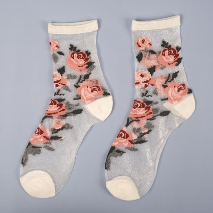 Summer Socks For Women Girls Floral Cool Socks Transparent Silk Like Crystal Casual Sock Floral Girls Elastic Short Female Meias – 15 22