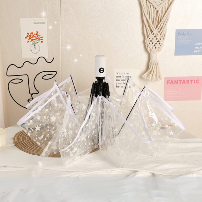 1 Piece of Transparent Umbrella with White Star Pattern Pvc Material, Waterproof and Windproof, Portable Umbrella, Suitable for Travel and Work Clothing – Autobaisexingxing 2