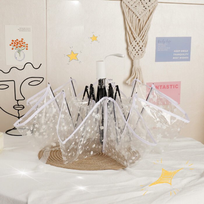 1 Piece of Transparent Umbrella with White Star Pattern Pvc Material, Waterproof and Windproof, Portable Umbrella, Suitable for Travel and Work Clothing – Manualbaixingxing 4
