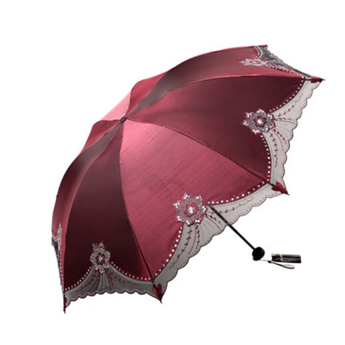 Beautiful Women Lace Umbrella Anti UV Black Coating Parasol 3 Folding Sun Rain Umbrella Adult Princess Lace Umbrella – Red 5