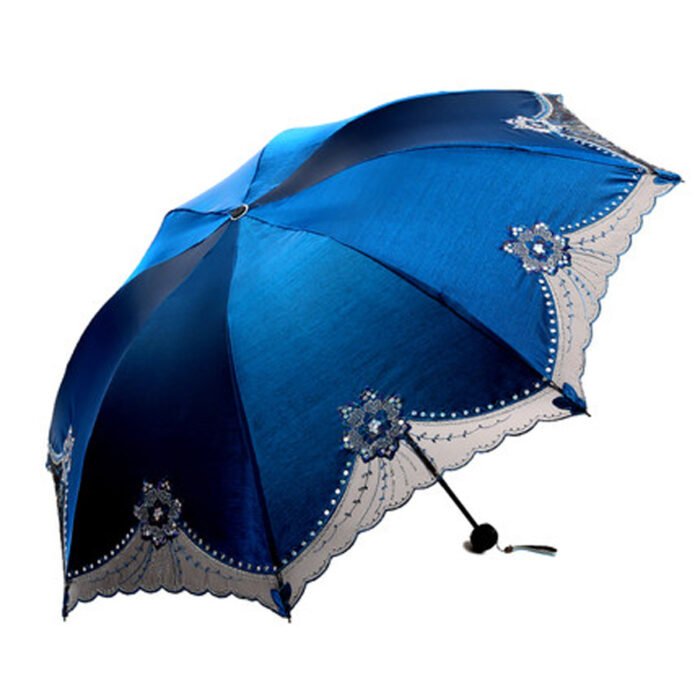 Beautiful Women Lace Umbrella Anti UV Black Coating Parasol 3 Folding Sun Rain Umbrella Adult Princess Lace Umbrella – Blue 7