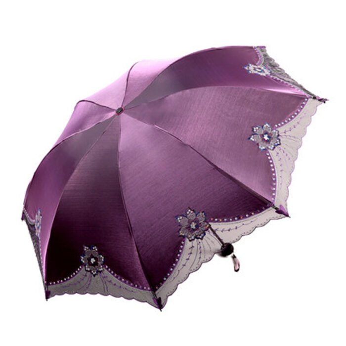 Beautiful Women Lace Umbrella Anti UV Black Coating Parasol 3 Folding Sun Rain Umbrella Adult Princess Lace Umbrella – Purple 9