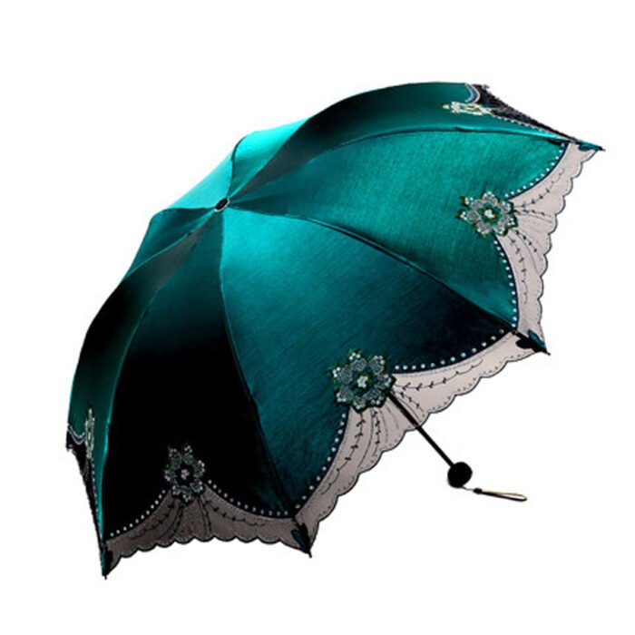Beautiful Women Lace Umbrella Anti UV Black Coating Parasol 3 Folding Sun Rain Umbrella Adult Princess Lace Umbrella – Green 10