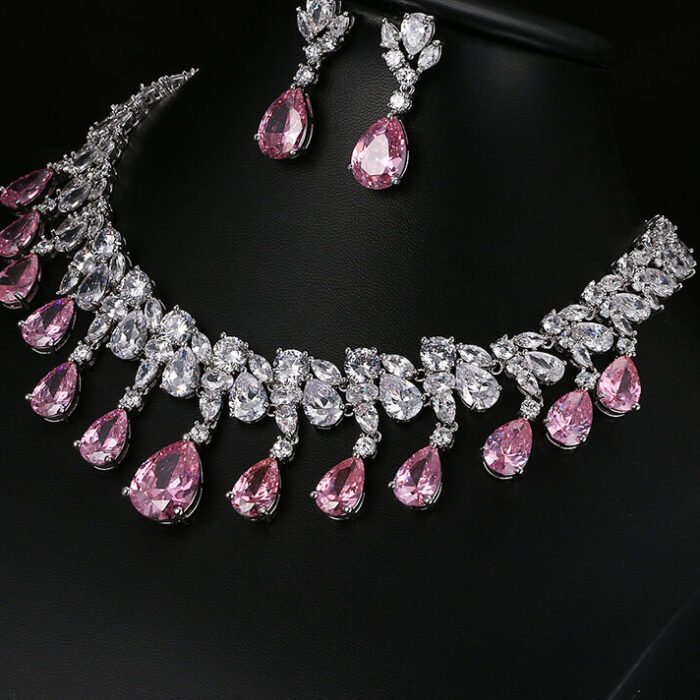 Pink Tear Drop Shape White Gold Color Jewelry Set 2