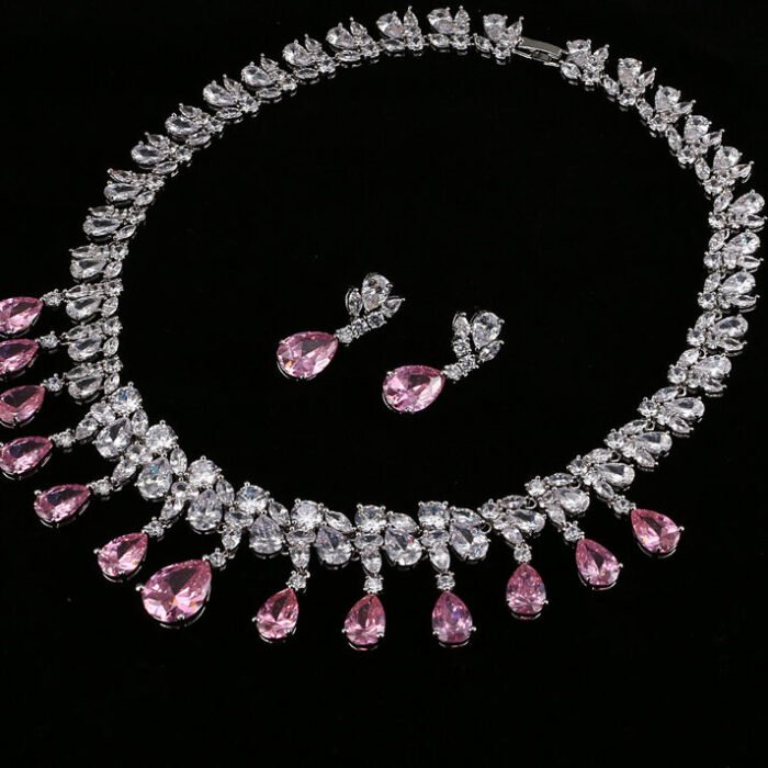 Pink Tear Drop Shape White Gold Color Jewelry Set 3