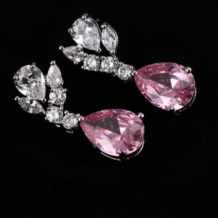 Pink Tear Drop Shape White Gold Color Jewelry Set 4