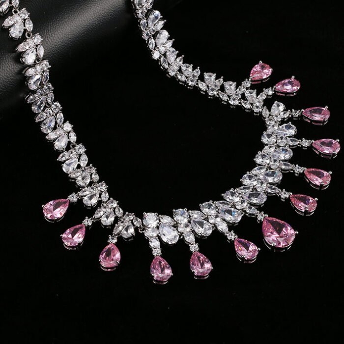 Pink Tear Drop Shape White Gold Color Jewelry Set 5