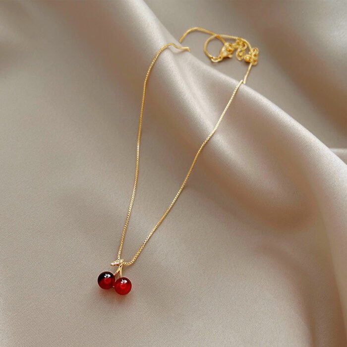 Stainless Steel Wine Red Cherry Gold Colour Pendant Necklace For Women Personality Fashion Necklace Wedding Jewelry Birthday Gif 1
