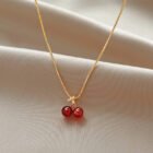Stainless Steel Wine Red Cherry Gold Colour Pendant Necklace For Women Personality Fashion Necklace Wedding Jewelry Birthday Gif 2