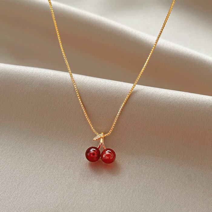Stainless Steel Wine Red Cherry Gold Colour Pendant Necklace For Women Personality Fashion Necklace Wedding Jewelry Birthday Gif 2